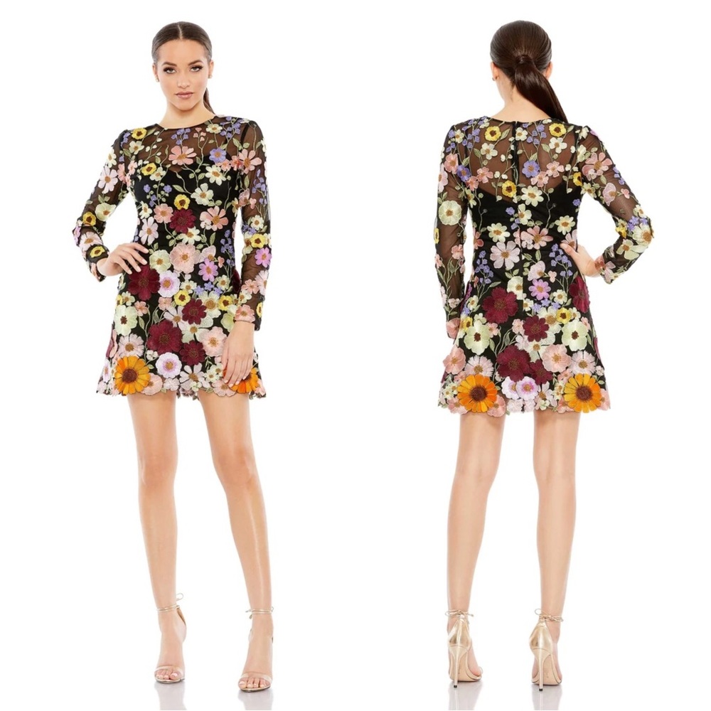 Mac Duggal 68202 Floral Embroidered Long Sleeve Mini Dress Size Multi